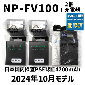 PSE認証2024年10月モデル NP-FV100 互換バッテリー 2個 + USB急速充電器 FDR-AX30 AX45 AX60 AX100 AX700 HDR-CX680 NP-FV50 NP-FV70 FH100