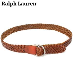 (33807)良品POLO RALPH LAURENポロ ラルフローレン編み込みダブルリング レザーベルト約W34-W36 (革ブラウン茶Wリングベルト ヴィンテージ)