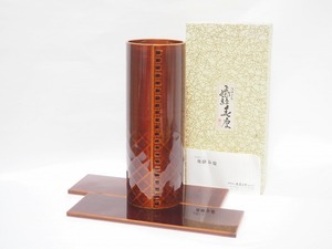 B0589 飛騨 春慶塗 曲花入 花台 紙箱付 ☆ 茶道具 華道具 木製 漆器 曲げわっぱ 花器 花瓶 花入 花生 花活 一輪挿し 敷板 美品 良品 無傷