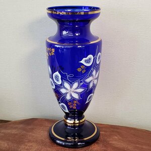 花瓶 花器 ガラス製 高さ約40cm 口径約15cm 桔梗 硝子 ガラス ブルー 花 ボヘミア ボヘミアンガラス 青 花柄 レトロ【100e1736】
