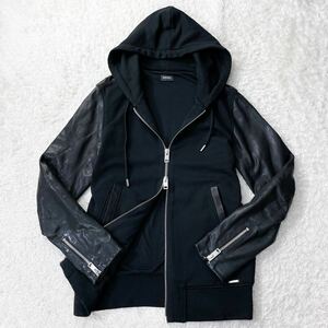 極美品●DIESEL ディーゼル ラムレザー切替 ジャケット フード ダブルジップ パーカー ブルゾン 袖 羊革 ロゴプレート ブラック Ｍ〜L相当