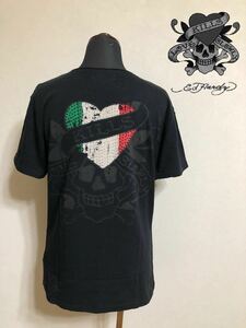 【良品】 Ed Hardy エドハーディ スカル イタリア ミラン ハート ラインストーン レディース Tシャツ トップス サイズM 半袖 黒