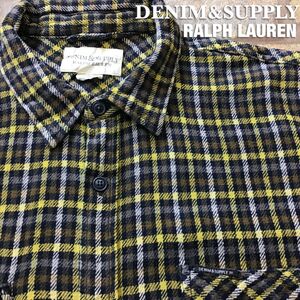 ★入手困難!!稀少★正規品★【Denim&Supply デニム＆サプライ★ラルフローレン】茶×黄×紺 チェック柄 緩織生地 長袖 シャツ[L程度]K2-845