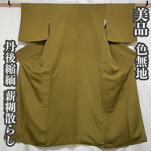 #E554 美品 色無地 丹後ちりめん 縮緬 薪糊散らし 共八掛 草花文 正絹 刺繍紋 和装 和服 着物【wellriver】 