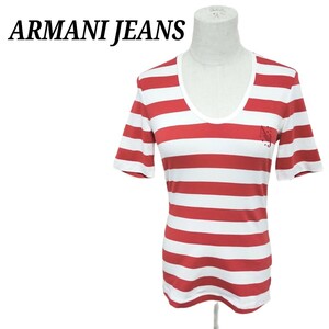 アルマーニジーンズ ARMANI JEANS 美品 クルーネック半袖Tシャツ トップス ボーダー ワンポイントロゴ 赤 白 Sサイズ レディース