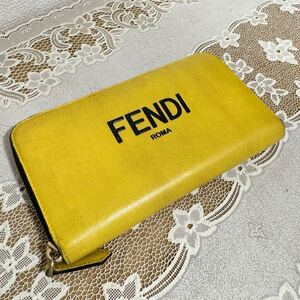 良品★ FENDI フェンディ ラウンドファスナー長財布 レザー ロゴ イエロー