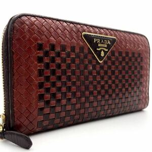 希少/美品● プラダ PRADA 長財布 ウォレット ラウンドファスナー ジップ 三角ロゴ ゴールド金具 編み込み レザー