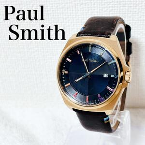 電池交換済み Paul Smith ポールスミス メンズ 腕時計 カレンダー 1116-T021786 デイト ダークネイビー ゴールド レザーバンド