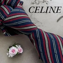 【極美品】CELINE ネクタイ　ストライプ　レッド　ネイビー　細目