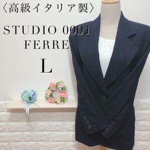 STUDIO 0001 FERRE スタジオフェレ ウール100％ ベリードラペルカラー テーラードジャケット 高級イタリア製 紺 ネイビー レディース L