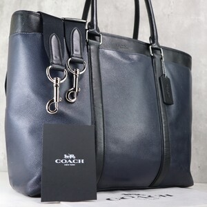 美品 A4可 コーチ COACH 2way トートバッグ メンズ メトロポリタン ネイビー 紺 本革 PC ビジネス 自立 肩掛け ビジネス ブリーフケース