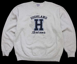 ★90s USA製 HIGHLAND Tartans 刺繍&アップリケ スウェット 杢ライトグレー XL★オールド ビンテージ カレッジ スポーツ オーバーサイズ