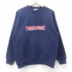 M/古着 リー Lee 長袖 スウェット メンズ 90s Powersoft 刺繍 クルーネック 紺 ネイビー spe 24sep11 中古 スエット トレーナー トップス