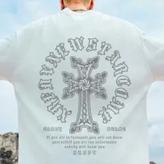 【韓国風】Tシャツ　トップス　4L　大きめ　ホワイト　ゆったり　メンズ　十字架