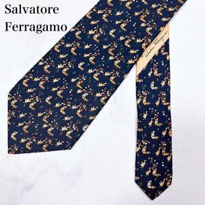 ◇ Salvatore Ferragamo サルバトーレフェラガモ シルクネクタイ イタリア製 総柄 風船 鳥 ネイビー 紺