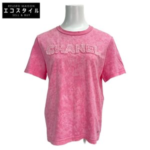 美品/ CHANEL シャネル 23P P74760 K10685 ピンク ツイードロゴ 半袖Tシャツ Tシャツ・カットソー S ピンク レディース