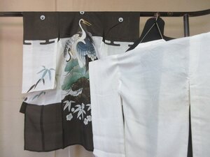 1円 良品 正絹 子供着物 男児用 産着 襦袢セット 七五三 和服 黒 絽 夏物 鶴 松 笹 カッコいい 単衣 身丈100cm【夢職】★★★