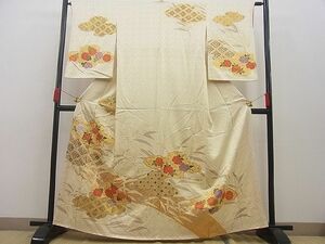 平和屋野田店■訪問着　駒刺繍　雲取り笹の葉花文　金彩　逸品　n-sg1207