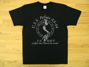 U.S.S. Pelias AS-14 黒 5.6oz 半袖Tシャツ グレー S ミリタリー 米海軍艦艇 グリフィン級潜水母艦 ペリアス U.S. NAVY 人魚