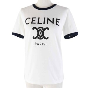 極美品◎CELINE セリーヌ 2X872671 コットン100％ トリオンフ ロゴプリント 半袖Ｔシャツ ホワイト ネイビー S 仏製 正規品 レディース