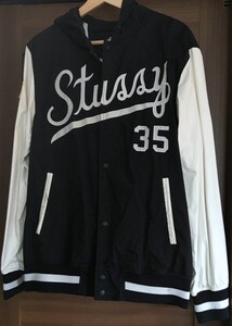 希少ステューシー35周年35th星条旗スタジャンSQUAD VARSITY Ⅲ JACKETバーシティ黒ジャケット白パーカー薄手ナイロンMサイズSTUSSYブルゾン