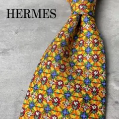 極美品 HERMES エルメス 花柄 フラワー 総柄 ネクタイ イエロー 黄