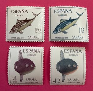 外国未使用切手★スペイン領サハラ 1966年 切手の日・魚 4種