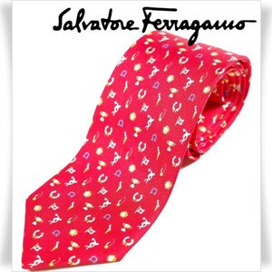 新品1円～★定価2.5万 Salvatore Ferragamo サルバトーレ フェラガモ イタリア製 シルク絹100％ ネクタイ 織柄 レッド 本物◆A1432◆