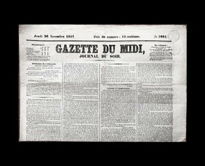 フランス 1857年 新聞 LA GAZETTE DU MIDI・珍しい新聞