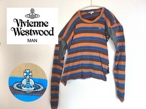 ヴィヴィアンウエストウッドマン スクイグル型アシンメトリー ボーダーカットソー 長袖Tシャツ オーブ刺繍 VivienneWestwood 