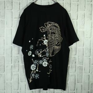 【こなれコーデ】古着 和柄Tシャツ 桜 朱雀 ブラック インパクト大 LL