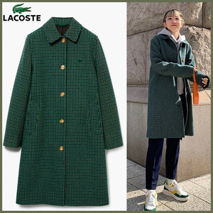 定価７万*新品*現行品【LACOSTE】レトロチェック柄*クラッシック ウールステンカラーコートBF1111Lグリーン緑/クロックロゴ/レディース40XL