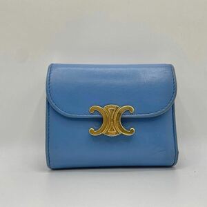 ◎美品◎CELINE セリーヌ スモールウォレットトリオンフ SMALL WALLET 財布 三つ折り 小銭入れ カウレザー ライトブルー ゴールド デカロゴ