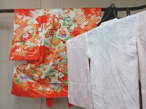 1円 良品 正絹 女児 子供着物 縮緬 七五三 和装 和服 産着 襦袢セット アンティーク 牡丹 花柄 高級 袷 身丈97cm【夢職】★★★