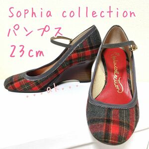 Sophia collection チェック柄パンプス ウェッジソール 赤 グレー ソフィアコレクション 23cm