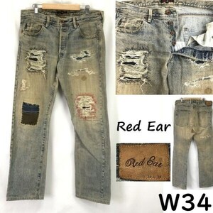 レッドイヤー/RED EAR/ポールスミス★ド派手/ダメージリメイク加工/デニムパンツ【メンズW34L34/股下85cm】鹿革ラベル/Trouser◆pBH616-h