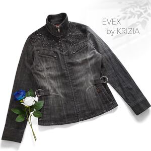 美品 EVEXbyKRIZIA エヴェックス デニムジャケット Gジャン ハイネック Black グレーブラック 黒 2way レース 長袖