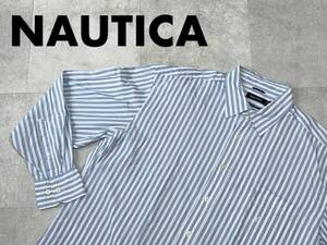 ☆送料無料☆ NAUTICA ノーティカ USA直輸入 古着 長袖 ストライプ 胸ポケット付 ロゴ ポプリン シャツ メンズ XL グレー トップス 中古