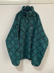 雪柄！90s patagonia パタゴニア スナップT フリース　総柄 USA製 グリーン サイズM☆80s レトロx グリセード サンダー 亀柄 ビンテージ