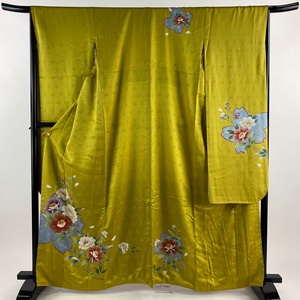 振袖 身丈162cm 裄丈67cm M 袷 草花 桜 金彩 からし色 正絹 美品 秀品 【中古】