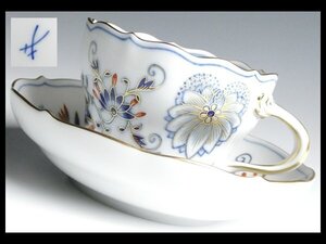 n398 Meissen マイセン 高級シリーズ ブルーオニオン レッド＆ゴールド 金彩 カップ＆ソーサー ②