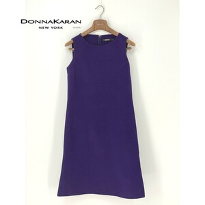 A8034/極美品 春夏 DONNA KARAN ダナキャラン ウール 無地 デザイン ノースリーブ フレア ミモレ丈 膝丈 ワンピース 6 M程 紫/レディース