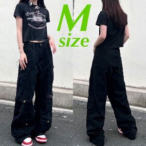 カーゴパンツ ルーズパンツ ワイドパンツ ワークパンツ ボトムス バギーパンツ パンツ ワイドレッグパンツ 黒 ブラック M フレアパンツ