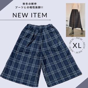 ワイドパンツ チェック レトロ ウエストゴム 7分丈 細見え 大きいサイズ XL チェック柄 レトロ パンツ 足長効果