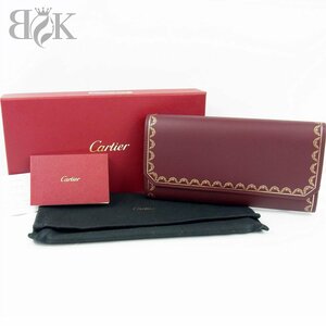 展示品 Cartier ガーランド ドゥ カルティエ 二つ折り長財布 ボルドー×ゴールドカラー 箱付 ■