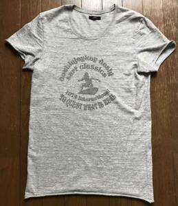 wjkダブルジェイケイreluxe中古加工クラシックサーフプリントTシャツサイズS染み込み霜降りグレー半袖Tシャツ1piu1uguale3