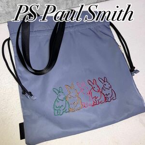 【未使用級】 PS Paul Smith ピーエスポールスミス 巾着トートバッグ マルチカラー刺繍ラビット うさぎ柄 A4サイズ収納可 レザータグ ロゴ