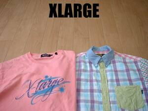 即戦力2着セットXLARGEクルーネックTシャツ&クレイジーパターンチェックボタンダウンシャツM正規エクストララージGORILLAゴリラX-LARGE