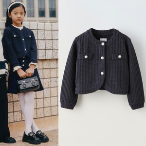 2024★新品タグ付★ZARA KIDS テクスチャージャケット ラインストーン 120㎝ 定価4,990円 紺 ネイビー ザラ 子ども 女の子 110 秋 冬 春