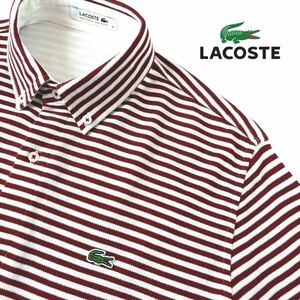 (美品) ラコステ LACOSTE ボタンダウン フルオープン 秋冬用 鹿の子 長袖 ポロシャツ 3 (M) ワインレッド ホワイト PH530E シャツ